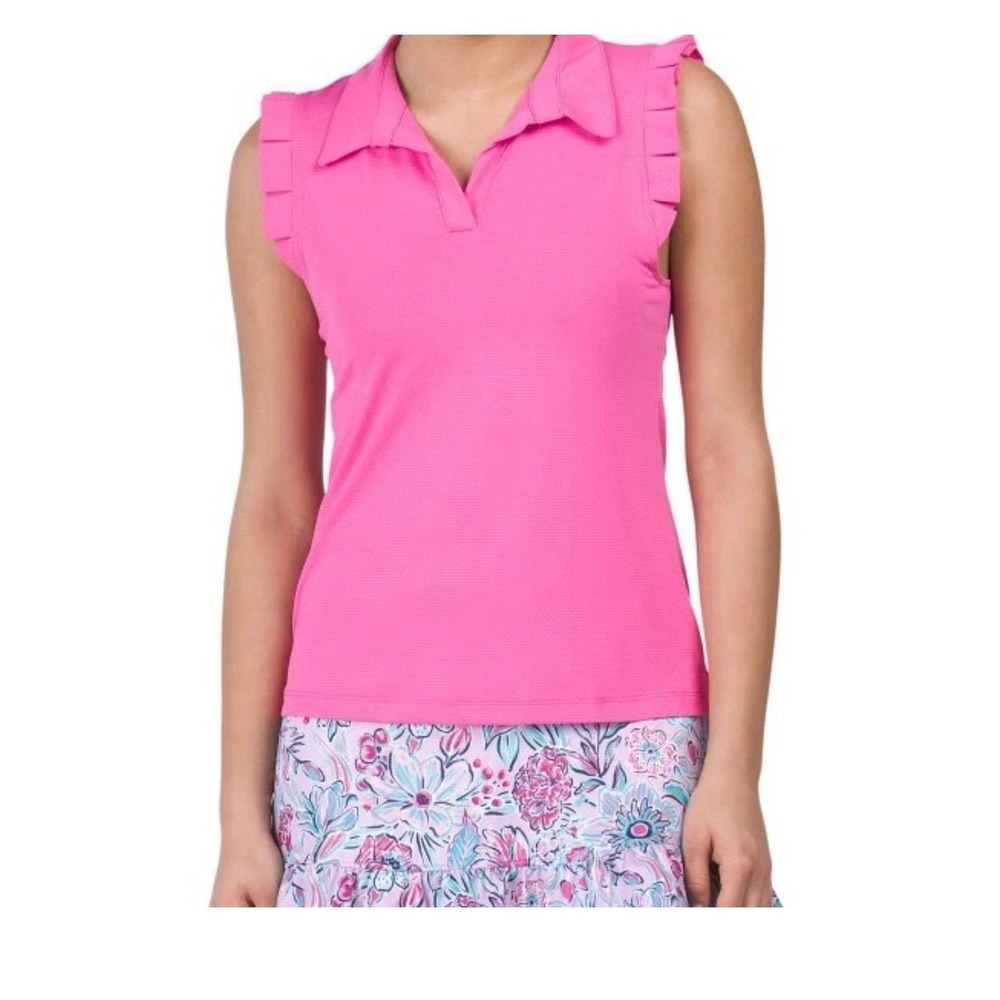 NWT X by GOTTEX Hot Pink Ruffle Sleeveless Golf Tennis Polo Shirt, Sz S